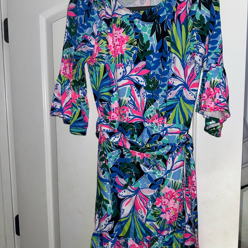 Lilly Pultzier Floral Print Dress with Ruffle Sleeves